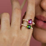 ANEL ARO DUPLO TURMALINA ROSA GOTA TURMALINA VERDE DIAMANTES OURO AMARELO