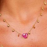 CHOKER TURMALINA ROSA CORAÇÃO CORAÇÕES OURO AMARELO