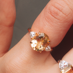 ANEL CITRINO OVAL MOISSANITE TRILLION PRATA BANHO OURO AMARELO