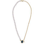 CHOKER MEIO FIO DE PÉROLAS COM TURMALINA AZUL OVAL E DIAMANTE EM OURO AMARELO