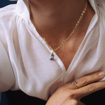 COLAR TANZANITA RETANGULAR E DIAMANTE NAVETE EM OURO AMARELO