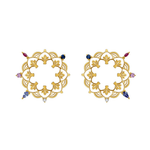ARGOLA FRONTAL 30MM MANDALLA RUBI , SAFIRA ROSA E AZUL , TANZANITA GOTA E DIAMANTE EM OURO AMARELO