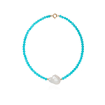 CHOKER 40CM COM AMAZONITA, PÉROLA BARROCA E BOLINHA DE OURO AMARELO