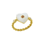 ANEL LUME CORAÇÃO EM MADREPÉROLA COM TURMALINA ROSA E DIAMANTE 3PTS  EM OURO AMARELO