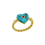 ANEL LUME CORAÇÃO EM TURQUESA COM TURMALINA ROSA E DIAMANTE 3PTS  EM OURO AMARELO
