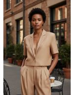 Blazer Feminino Cropped Manga Curta Com Linho