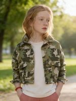 Jaqueta Sarja Verde Camuflado Infantil Menina Com Botões