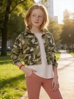Jaqueta Sarja Verde Camuflado Infantil Menina Com Botões