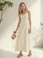 Vestido Midi Evasê Com Lastex Em Linho