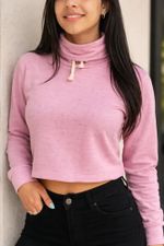 Blusa Manga Longa Cropped Em Moletom Gola Alta Com Amarração