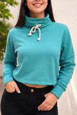 Blusa Manga Longa Cropped Em Moletom Gola Alta Com Amarração
