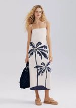 Vestido Midi Estampado Em Viscose E Linho
