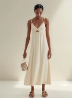Vestido Midi Decote V Com Vazado Em Viscose E Linho