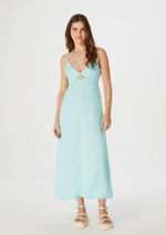 Vestido Midi Decote V Com Vazado Em Viscose E Linho