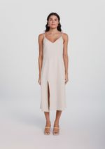 Vestido Midi Alças Finas Com Linho Bege G