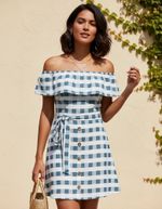 Vestido Curto Ombro A Ombro Em Linho Estampado - Xadrez