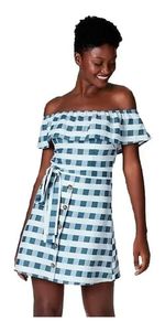 Vestido Curto Ombro A Ombro Em Linho Estampado - Xadrez