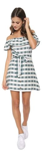 Vestido Curto Ombro A Ombro Em Linho Estampado - Xadrez