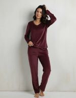 Pijama Longo Feminino Estampado Em Plush Vinho M