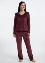 Pijama Longo Feminino Estampado Em Plush Vinho M