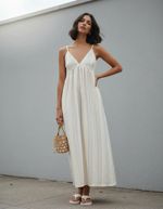 Vestido Midi Listrado Com Linho