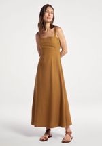 Vestido Midi Evasê Alças Médias Rústico Com Linho