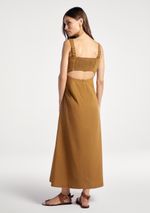 Vestido Midi Evasê Alças Médias Rústico Com Linho