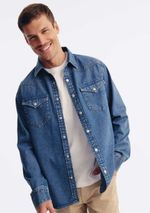 Camisa Jeans Masculina Com Bolsos Frontais
