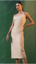 Vestido em tweed cobre com alças de corrente