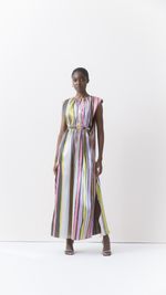 Vestido longo listrado em tafeta italiano