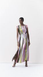 Vestido longo listrado em tafeta italiano