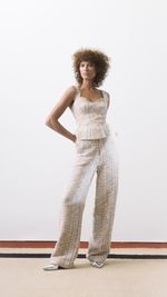 Top com peplum em tweed italiano