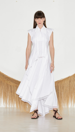 Vestido midi assimétrico em tricoline com entremeios de renda