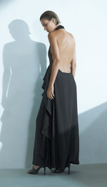 Vestido longo, frente única e jabour na cintura