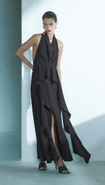 Vestido longo, frente única e jabour na cintura