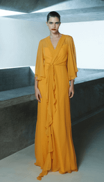 Vestido longo com manga 3/4 babados