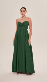 Vestido longo,tomara que caia, com laço, em tecido tecnológico.