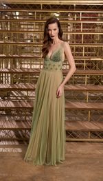Vestido longo com bordado exclusivo, em tela e tule