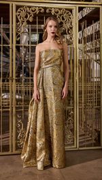  Vestido longo tomara que caia, com pregas na saia, em jacquard italiano
