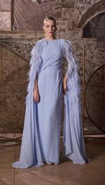 Vestido reto com capa e mangas longas com plumas e bordado
