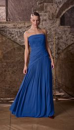 Vestido longo tomara que caia em georgete de seda tarquinada