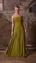 Vestido longo tomara que caia em georgete de seda tarquinada