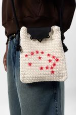 Bolsa Lateral em Crochê e Couro Off White - Feito à Mão