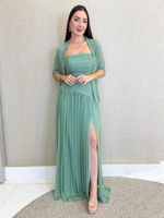 VESTIDO LONGO TOMARA QUE CAIA COM RECORTE LATERAL E ECHARPE CHANTAL