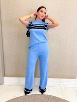 CONJUNTO CALÇA E BLUSA LISTRADO DE TRICÔ CANELADO SAMESEL 