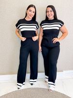 CONJUNTO CALÇA E BLUSA LISTRADO DE TRICÔ CANELADO SAMESEL 