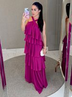 VESTIDO DE CHIFON FRENTE ÚNICA COM BABADOS MIRENDEL 