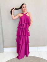 VESTIDO DE CHIFON FRENTE ÚNICA COM BABADOS MIRENDEL 