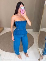 CONJUNTO JEANS CALÇA BALLON E BLUSA PEPLUM CREST