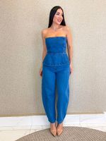 CONJUNTO JEANS CALÇA BALLON E BLUSA PEPLUM CREST
